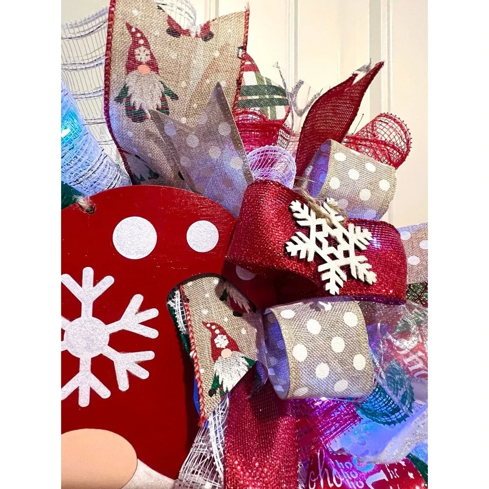 Christmas Snowflake Gnome Holiday Ribbon Door Wreath Handmade 22 ins LED W9